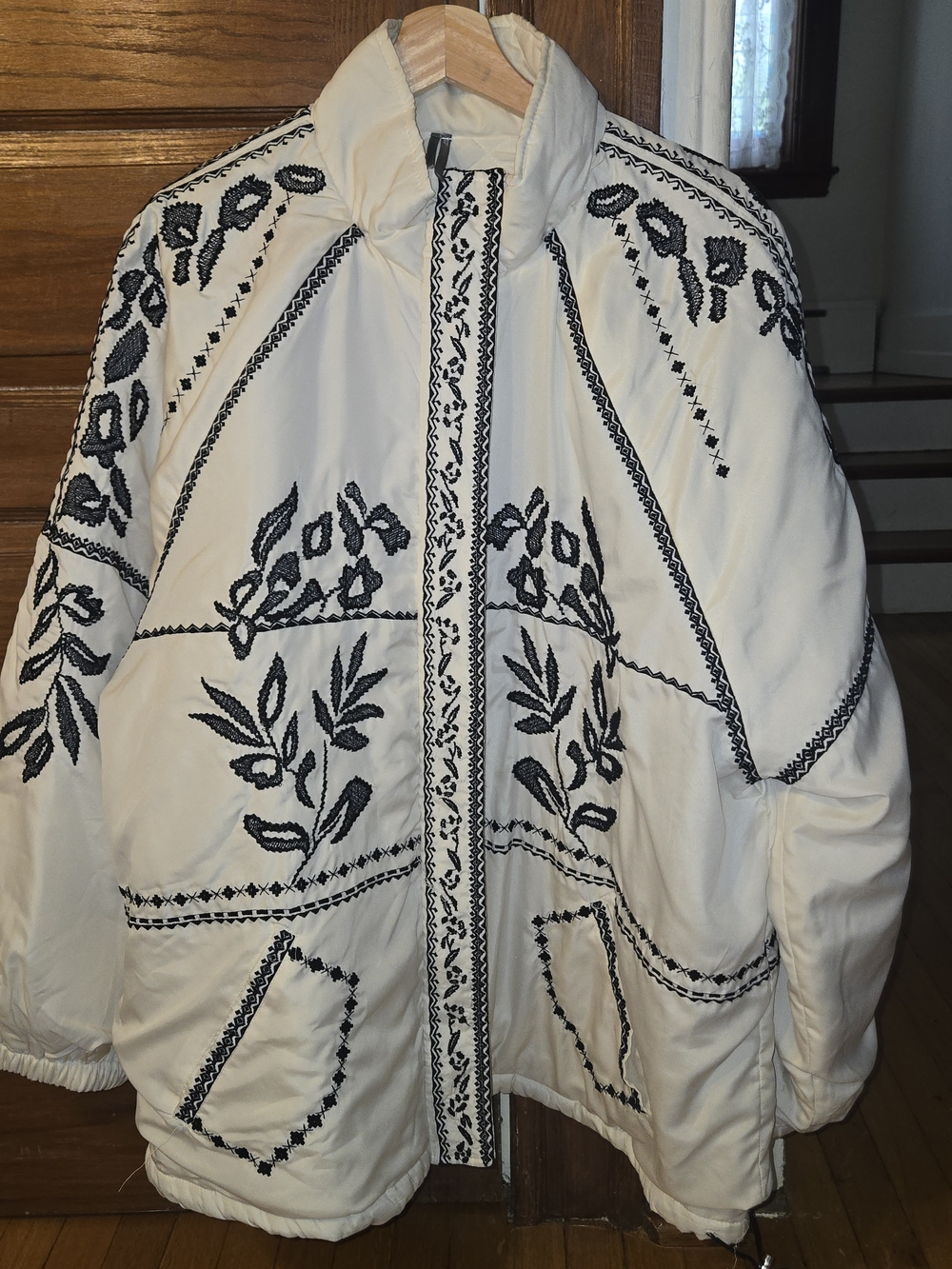 Anthropologie White Puffer Jacket with Black Floral Embroidery
